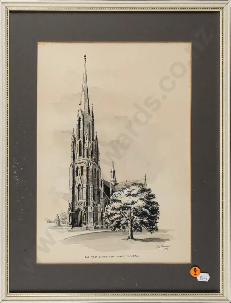 A G Thomas (?) 1976 -- framed ink wash & gouache on paper "First Church of Otago Dunedin" H-305 W-210 [some dust Image 1++