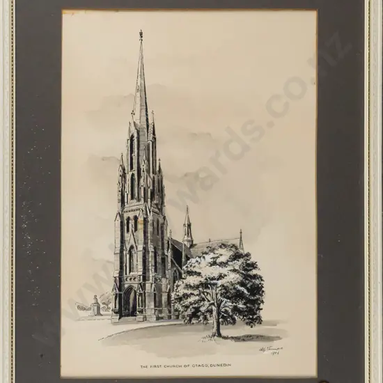 A G Thomas (?) 1976 -- framed ink wash & gouache on paper "First Church of Otago Dunedin" H-305 W-210 [some dust