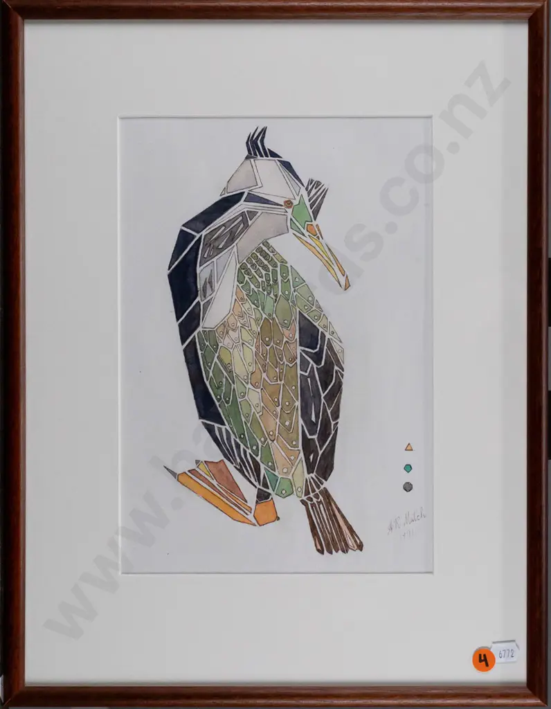 A. R. Mutch 1991 -- framed watercolour and ink on paper "Polygonal Shag" H-270 W-185 Image 1++