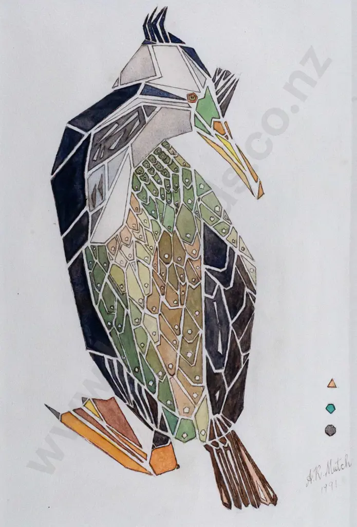 A. R. Mutch 1991 -- framed watercolour and ink on paper "Polygonal Shag" H-270 W-185 Image 1++