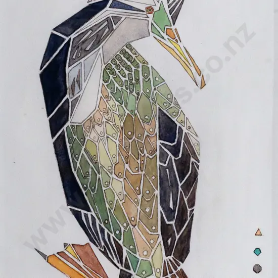 A. R. Mutch 1991 -- framed watercolour and ink on paper "Polygonal Shag" H-270 W-185