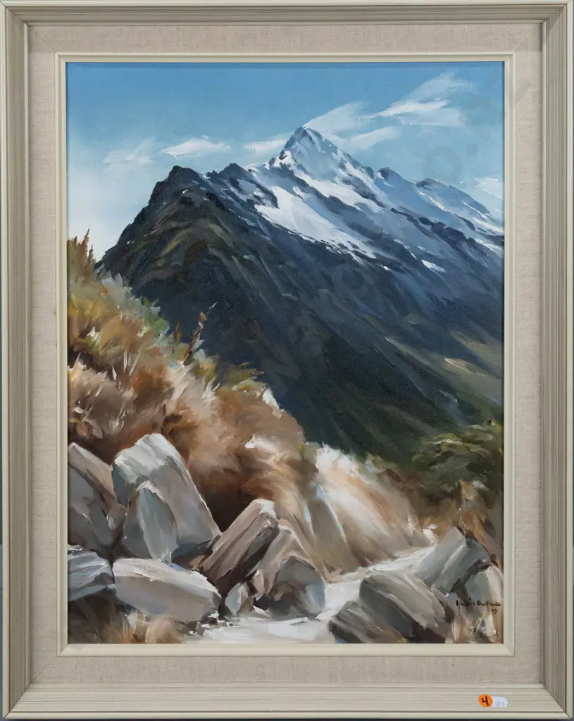 Maurice Buckland 1977 -- framed oil on canvasboard "Mt Christina, Hollyford Valley" H-595 W-440 Image 1++
