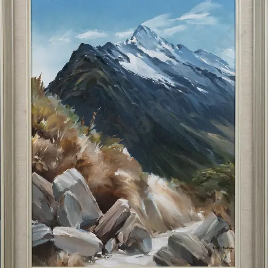 Maurice Buckland 1977 -- framed oil on canvasboard "Mt Christina, Hollyford Valley" H-595 W-440