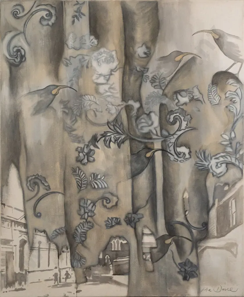 Pia Davie 2005 --  pencil & acrylic on stretched canvas "Huia Wallpaper II" H-750 W-600 Image 1++