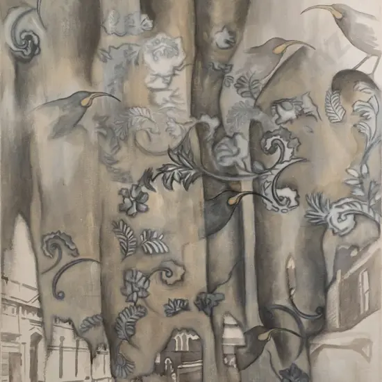 Pia Davie 2005 --  pencil & acrylic on stretched canvas "Huia Wallpaper II" H-750 W-600