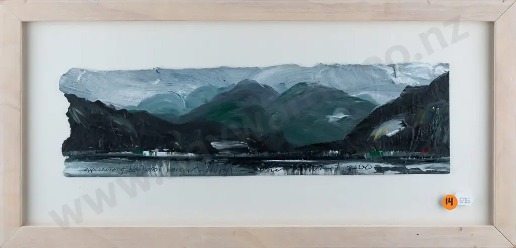 Janet de Wagt 2002 -- framed acrylic on paper "Approaching Waihopai Harbour, Dusky" H-100 W-355 [frame has dints, marks, Image 1++