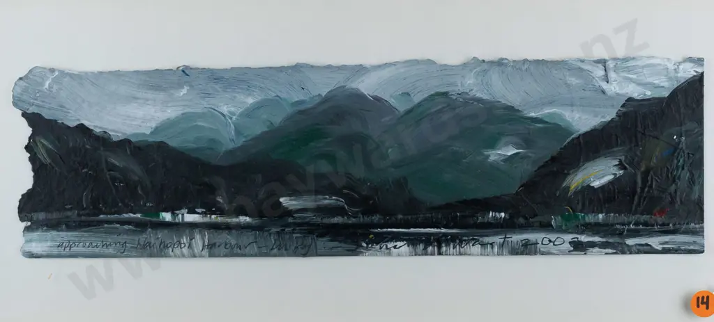 Janet de Wagt 2002 -- framed acrylic on paper "Approaching Waihopai Harbour, Dusky" H-100 W-355 [frame has dints, marks, Image 1++