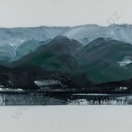 Janet de Wagt 2002 -- framed acrylic on paper "Approaching Waihopai Harbour, Dusky" H-100 W-355 [frame has dints, marks,