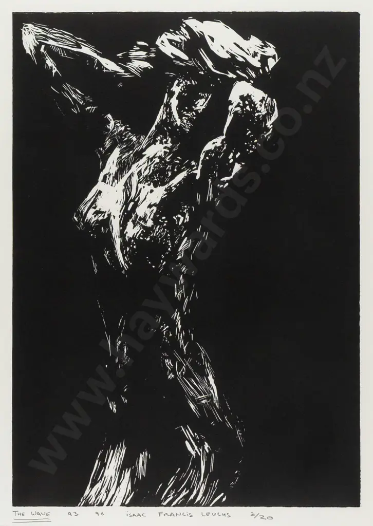 Isaac Francis Leuchs 1996 -- framed linocut on paper "The Wave" ed. 2/20 H-440 W-320 Image 1++