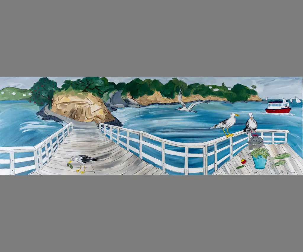 Pia Davie 2018 -- acrylic on stretched canvas "Fish for Dinner at Island Bay Wharf" H-250 W-760 Image 1++