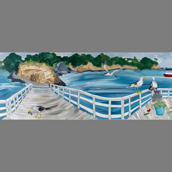 Pia Davie 2018 -- acrylic on stretched canvas "Fish for Dinner at Island Bay Wharf" H-250 W-760
