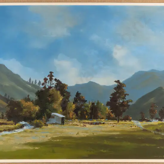 Allan Crombie -- framed oil on board "From Cable Bay Nelson" H-445 W-595
