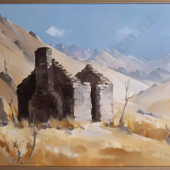 Maurice Buckland -- framed oil on canvasboard "Ruin in the Hills" 1979 H-500 W-600