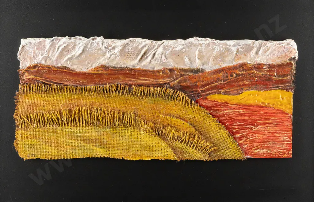 Elizabeth McAllister -- framed acrylic hessian & plaster on board "Landform II" H-175 W-400 Image 1++