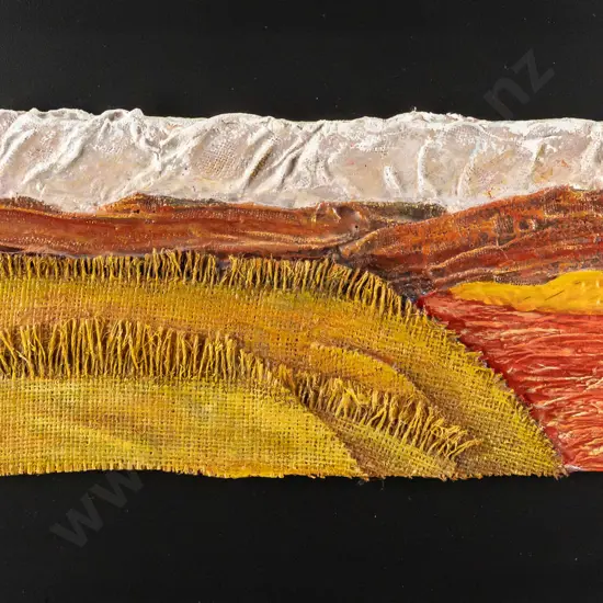 Elizabeth McAllister -- framed acrylic hessian & plaster on board "Landform II" H-175 W-400