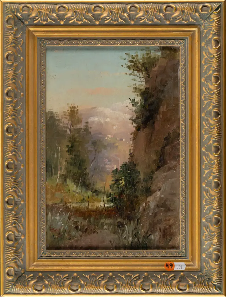 G W Carrington -- framed oil on board "Leith Valley, near the Gardens, Dunedin"  H-270 W-180 [tiny chip to frame lower Image 1++