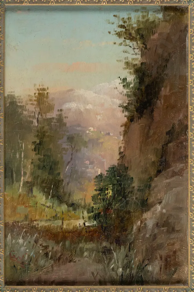 G W Carrington -- framed oil on board "Leith Valley, near the Gardens, Dunedin"  H-270 W-180 [tiny chip to frame lower Image 1++