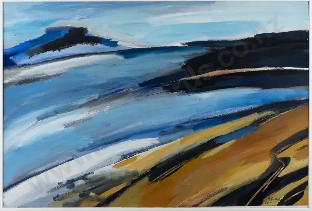 Angela Burns 1996 -- framed acrylic on paper, abstract landscape, H-360 W-535 [work has slipped slightly in window mat, Image 1++
