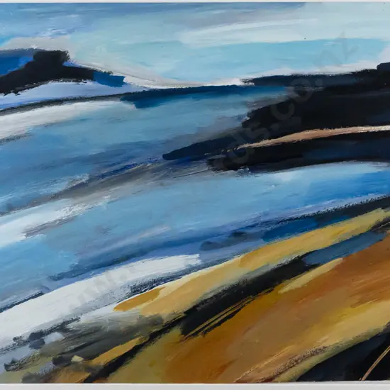 Angela Burns 1996 -- framed acrylic on paper, abstract landscape, H-360 W-535 [work has slipped slightly in window mat,