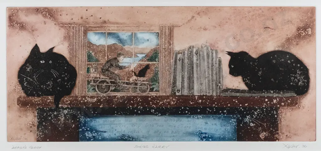 Gary Tricker 1996 -- framed etching on paper "Sings Harry" Artist's Proof H-235 W-510 Image 1++