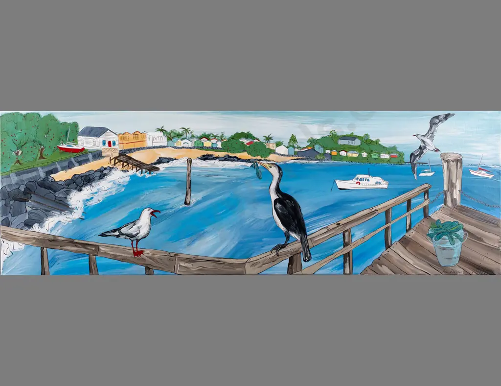 Pia Davie -- acrylic on stretched canvas "Fish for Dinner at Devonport" H-250 W-760 Image 1++