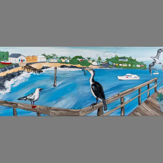 Pia Davie -- acrylic on stretched canvas "Fish for Dinner at Devonport" H-250 W-760