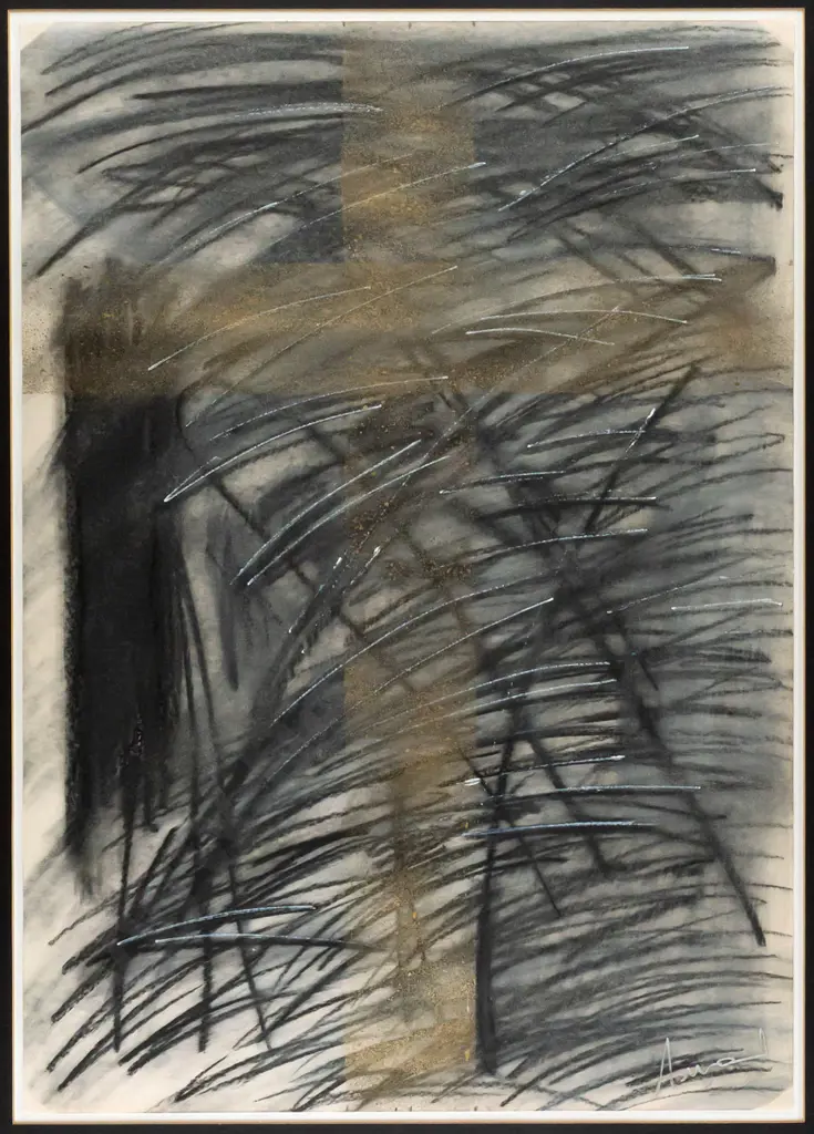 Michelle Annand -- framed charcoal w/ opaque & metallic inks on paper 1990, abstract w/ cross H-595 W-420 [small wear to Image 1++