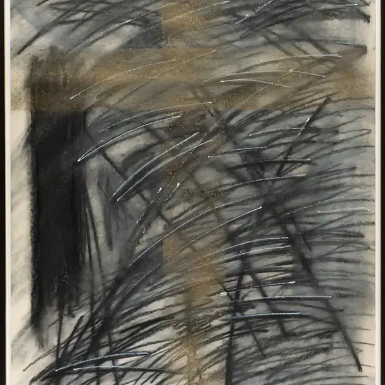 Michelle Annand -- framed charcoal w/ opaque & metallic inks on paper 1990, abstract w/ cross H-595 W-420 [small wear to