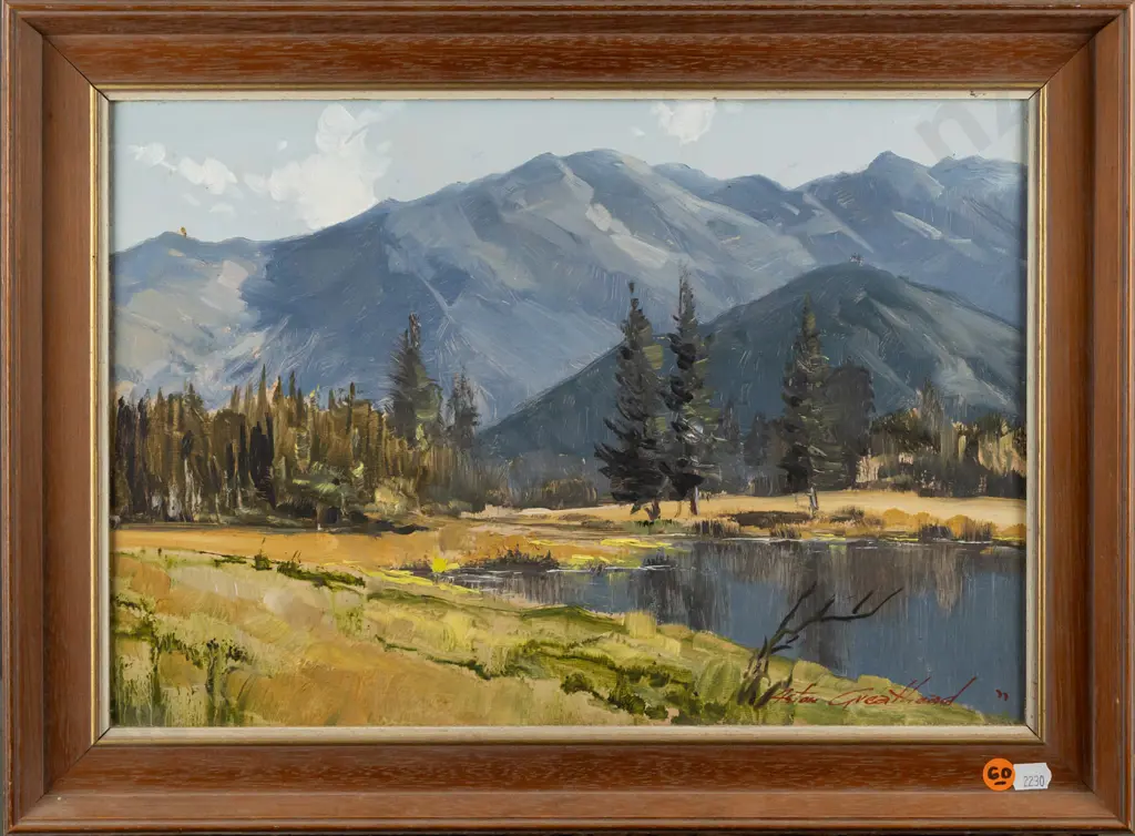 Aston Greathead 1977 -- framed oil on board, mountain landscape, H-270 W-390 [a few flyspecks] Image 1++
