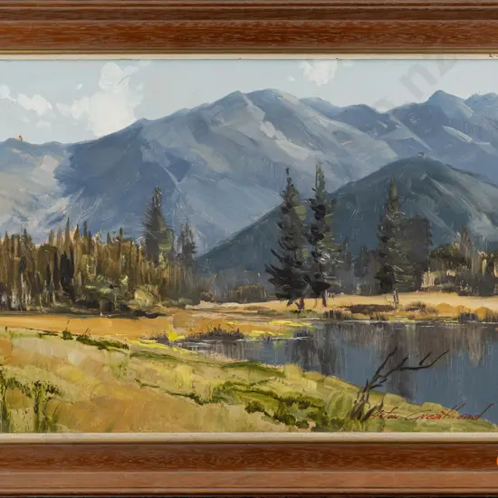 Aston Greathead 1977 -- framed oil on board, mountain landscape, H-270 W-390 [a few flyspecks]