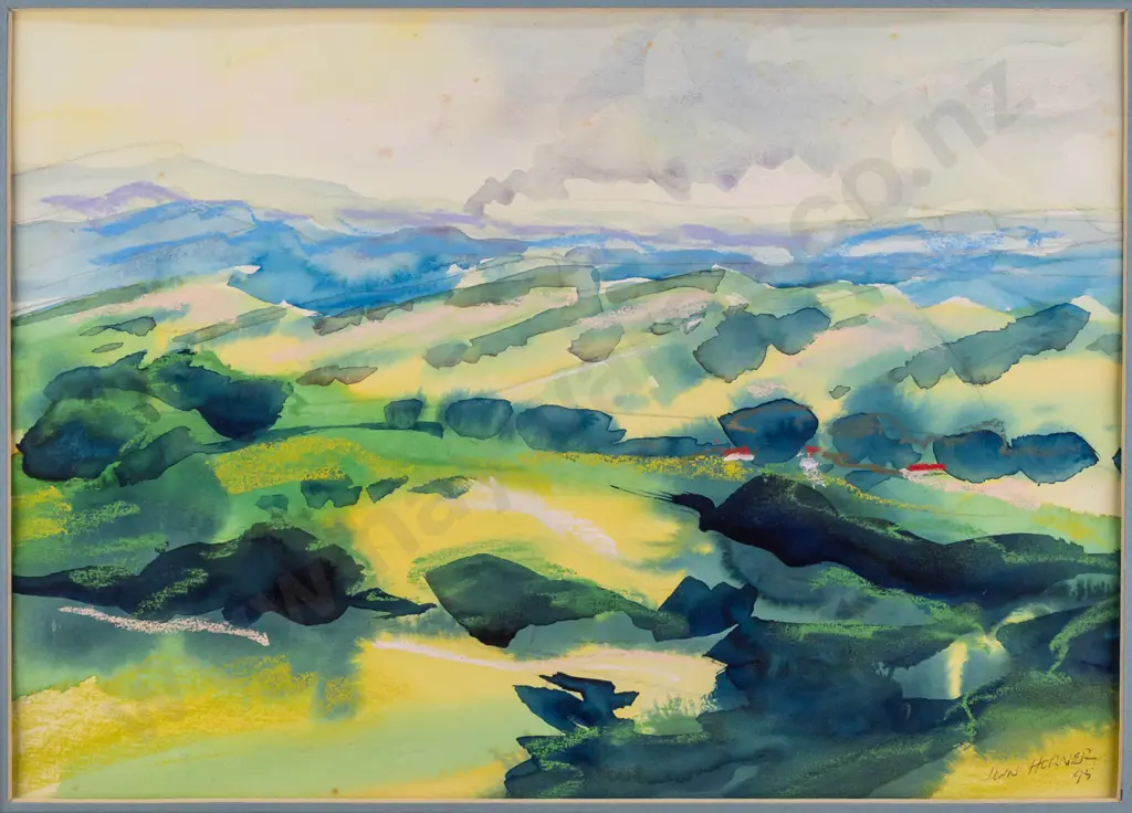 John Horner 1995 -- framed watercolour & pastel on paper, "Hills Near Maromaku Northland" H-240 W-335 [wear to silver- Image 1++