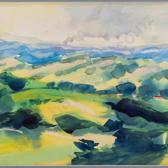 John Horner 1995 -- framed watercolour & pastel on paper, "Hills Near Maromaku Northland" H-240 W-335 [wear to silver-