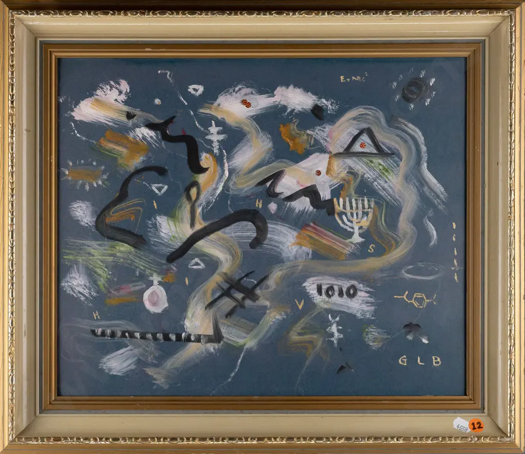 George Bulleid 1993 -- framed oil w/ collage on board "Fanfare, Opus 268" H-310 W-375 [collage elements upper centre Image 1++
