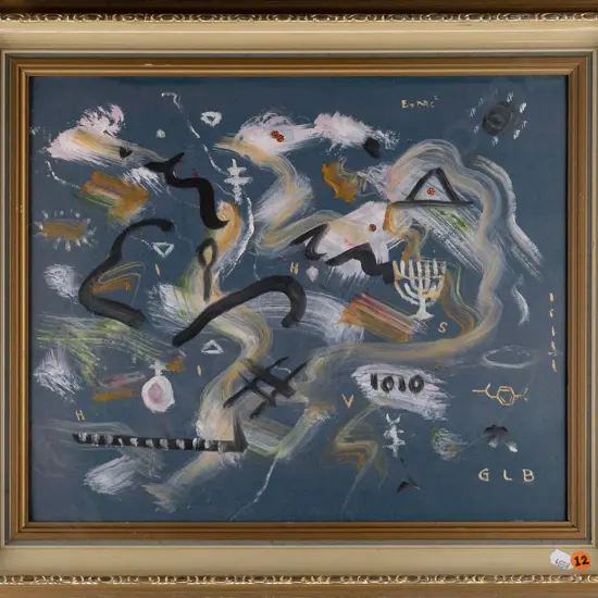 George Bulleid 1993 -- framed oil w/ collage on board "Fanfare, Opus 268" H-310 W-375 [collage elements upper centre