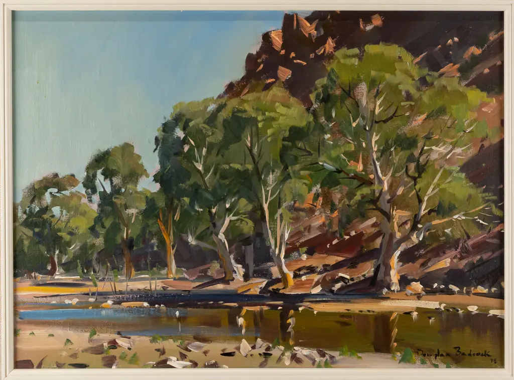 Douglas Badcock 1978 -- framed oil on board "Parachilna Crossing, Flinders Ranges South Australia"  H-340 W-465 Image 1++