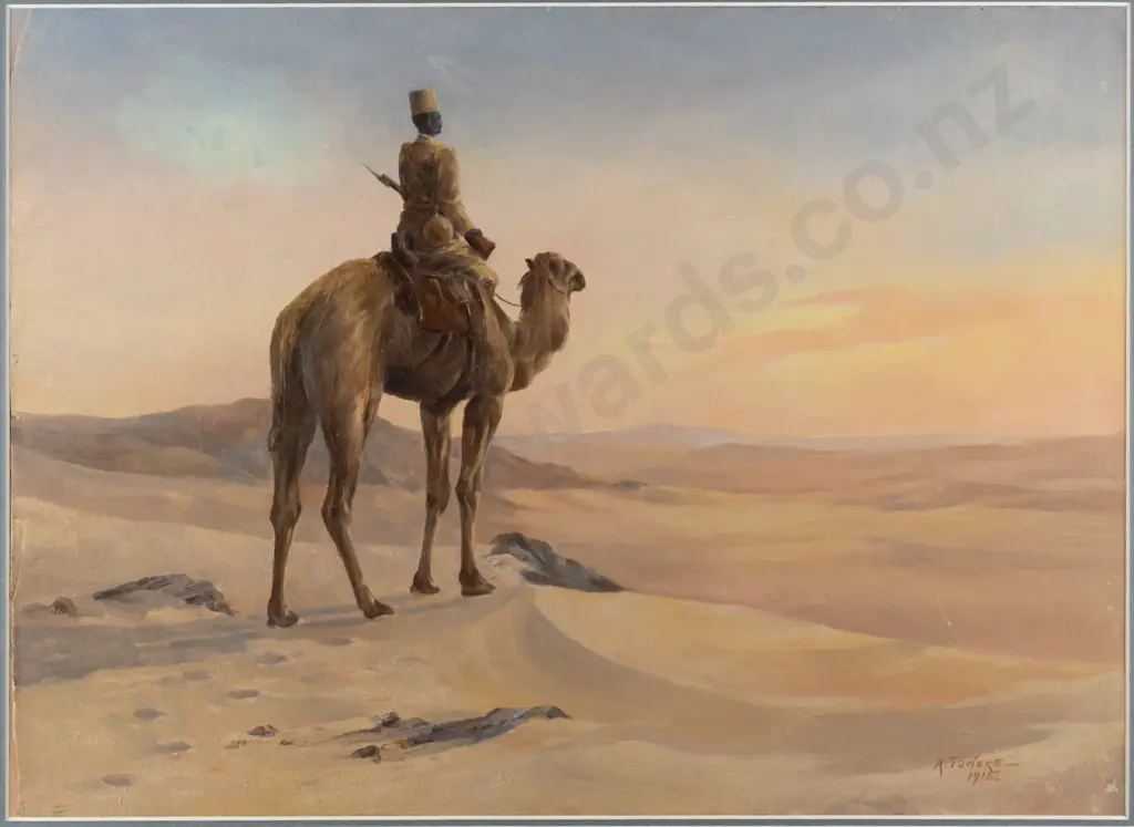A Towers 1915 -- framed and glazed oil on canvas mounted to board, soldier mounted on camel in desert scene, H-400 W-550 Image 1++