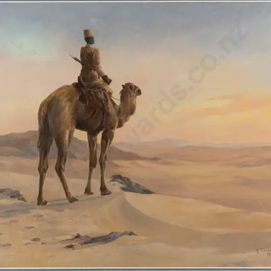 A Towers 1915 -- framed and glazed oil on canvas mounted to board, soldier mounted on camel in desert scene, H-400 W-550