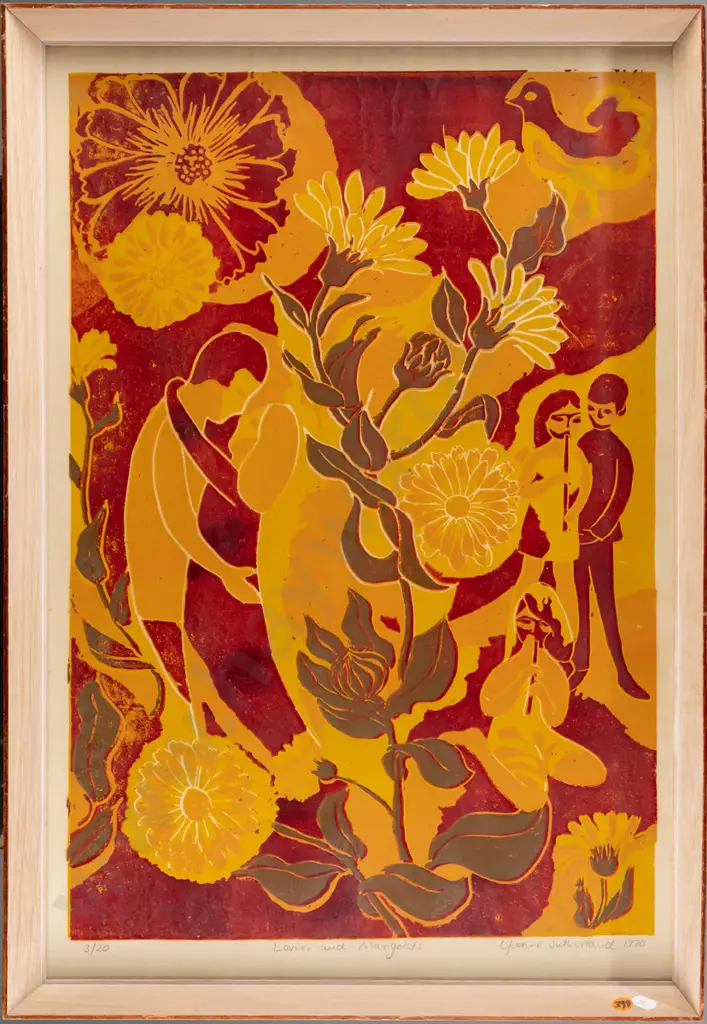 Yvonne Sutherland 1970 -- framed reduction linocut on paper "Lovers and Marigolds" ed. 3/20 H-620 W-420 Image 1++
