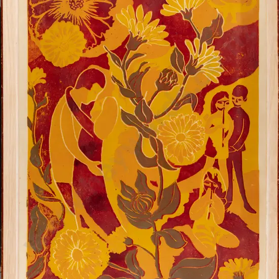 Yvonne Sutherland 1970 -- framed reduction linocut on paper "Lovers and Marigolds" ed. 3/20 H-620 W-420