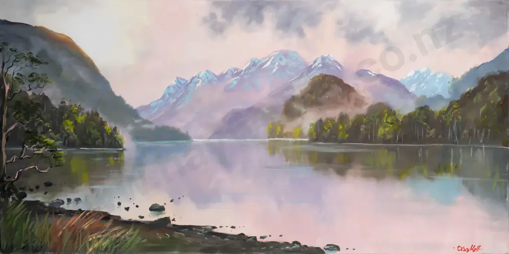 Caley Hall -- oil on stretched canvas "Warm Skies Over Sunny Peaks" H500 W1020 Image 1++