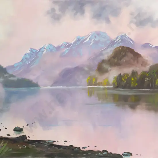 Caley Hall -- oil on stretched canvas "Warm Skies Over Sunny Peaks" H500 W1020