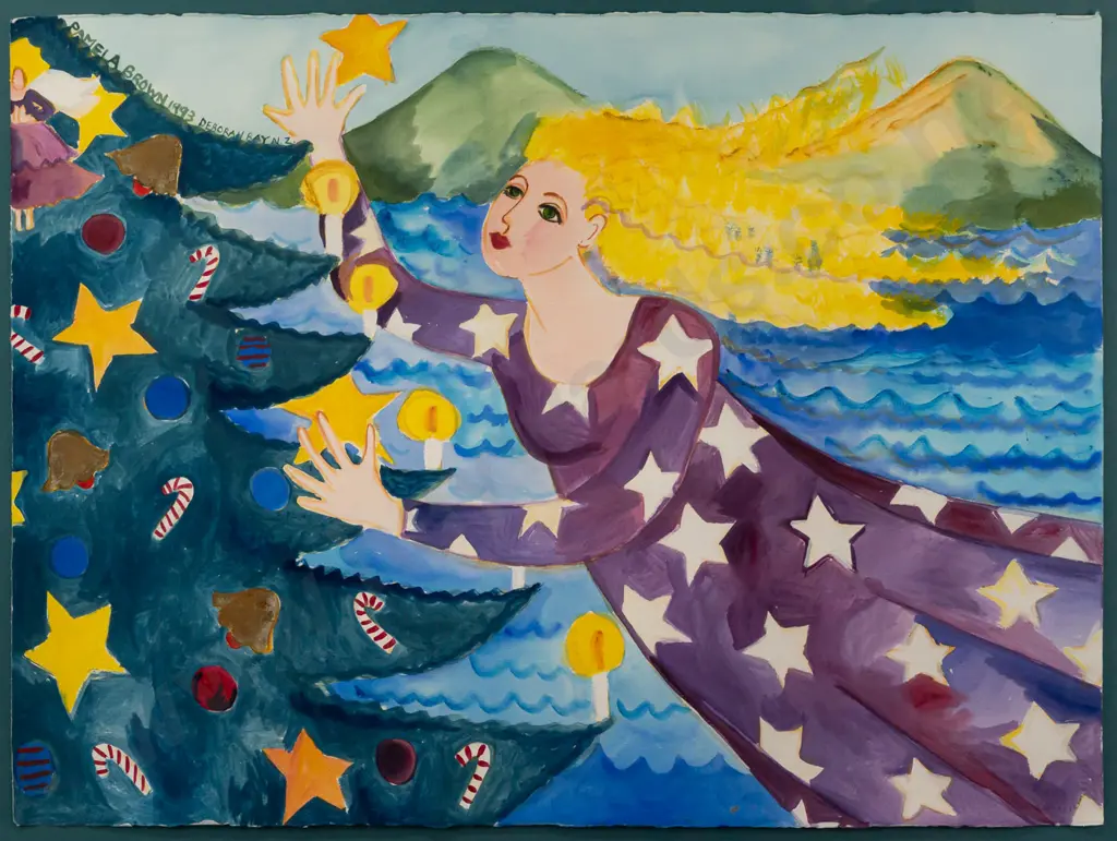 Pamela Brown 1993 -- framed acrylic wash and metallic paint on paper, peninsula landscape with figure and christmas tree Image 1++