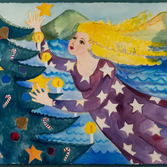 Pamela Brown 1993 -- framed acrylic wash and metallic paint on paper, peninsula landscape with figure and christmas tree