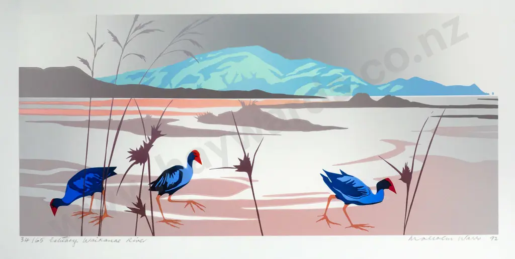 Malcolm Warr 1992 -- framed screenprint on paper "Estuary Waikanae River" ed. 34/65 H-255 W-505 Image 1++
