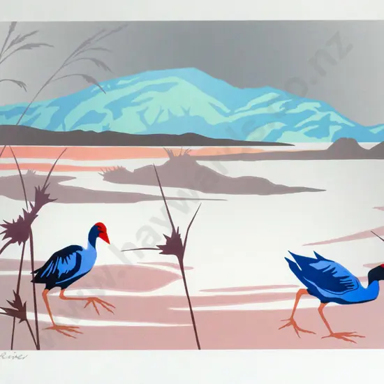 Malcolm Warr 1992 -- framed screenprint on paper "Estuary Waikanae River" ed. 34/65 H-255 W-505