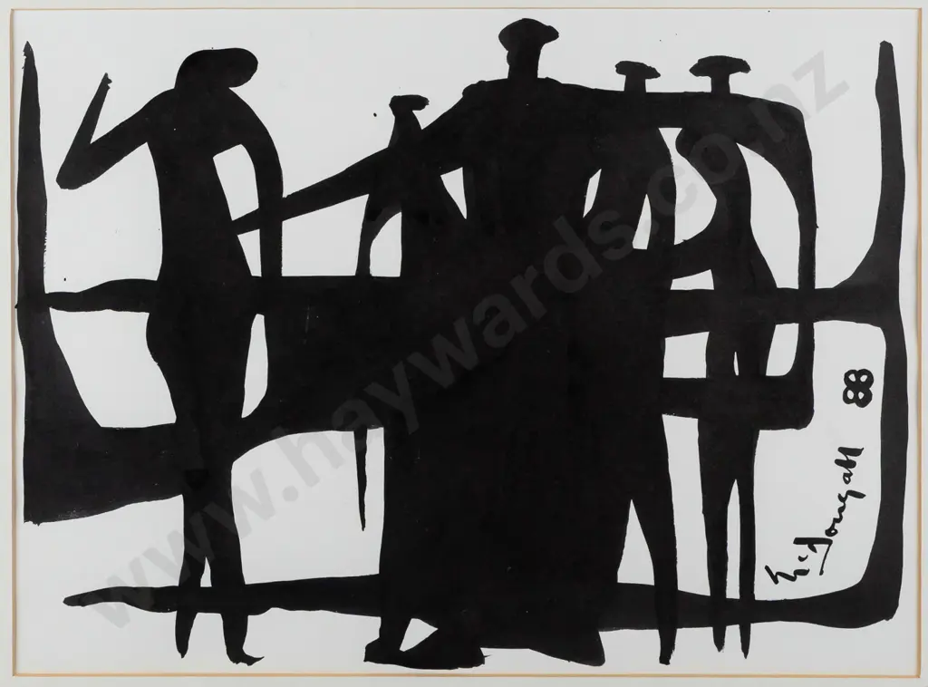 Ewan McDougall 1988 -- framed ink on paper, group of people in abstract silhouette, H-280 W-380 Image 1++