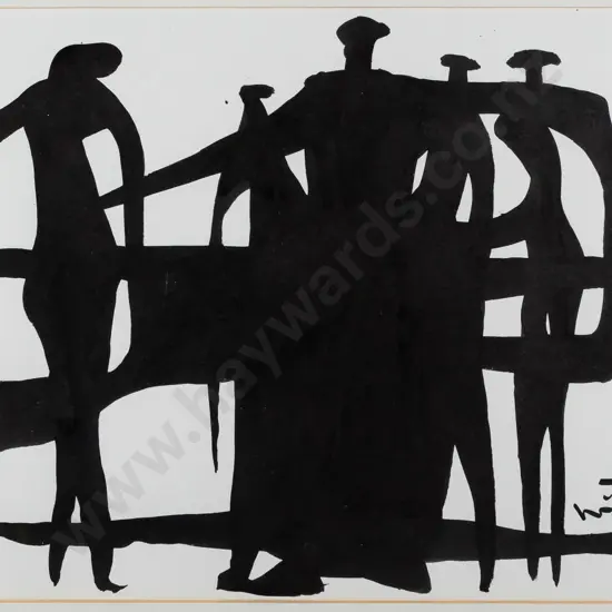 Ewan McDougall 1988 -- framed ink on paper, group of people in abstract silhouette, H-280 W-380