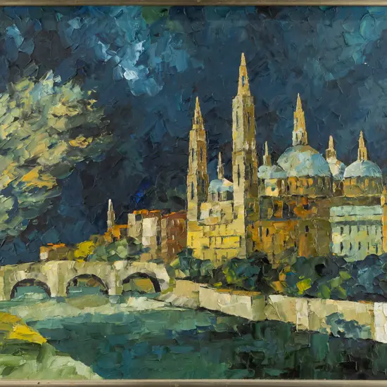 Tom Esplin -- framed oil on board "Salamanca Spain" H-320 W-440 [some light age-wear to frame]
