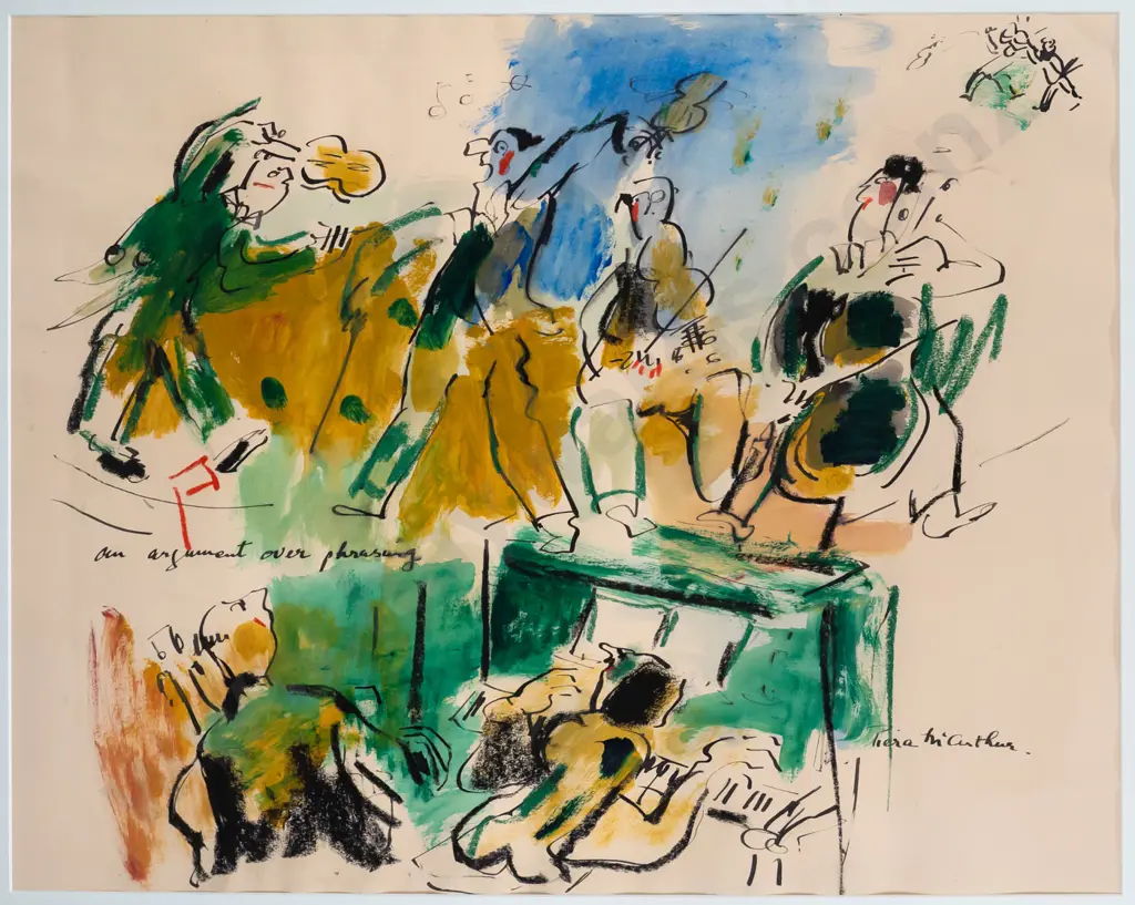 Piera McArthur -- framed ink crayon & wash on paper "An Argument Over Phrasing" H-490 W-620 [small scratch to frame Image 1++