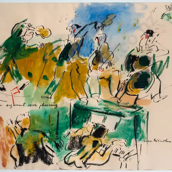 Piera McArthur -- framed ink crayon & wash on paper "An Argument Over Phrasing" H-490 W-620 [small scratch to frame